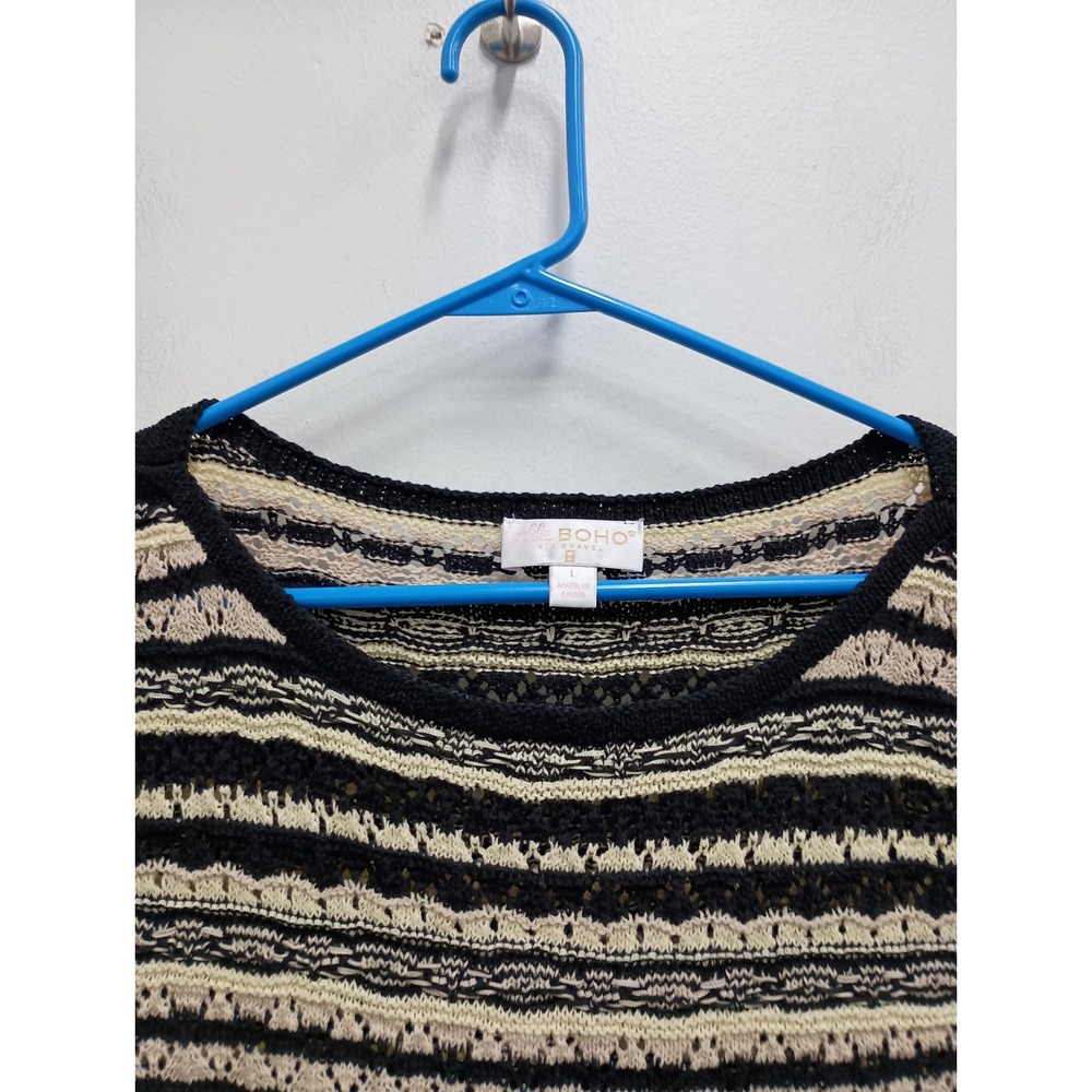Belle Boho Kim Gravel Short Sleeve Crochet Top Women L Black Cream Striped Knit - Picture 2 of 11